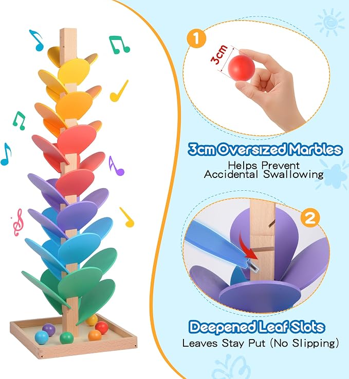 Gotoofun Wooden Marble Run Music Tree Includes Extra-Large 3cm Marbles Ball | Tumble Leaf Montessori Rainbow Singing Tree with Sound, Color Sorting STEM Learning Toy, Gift for Kids