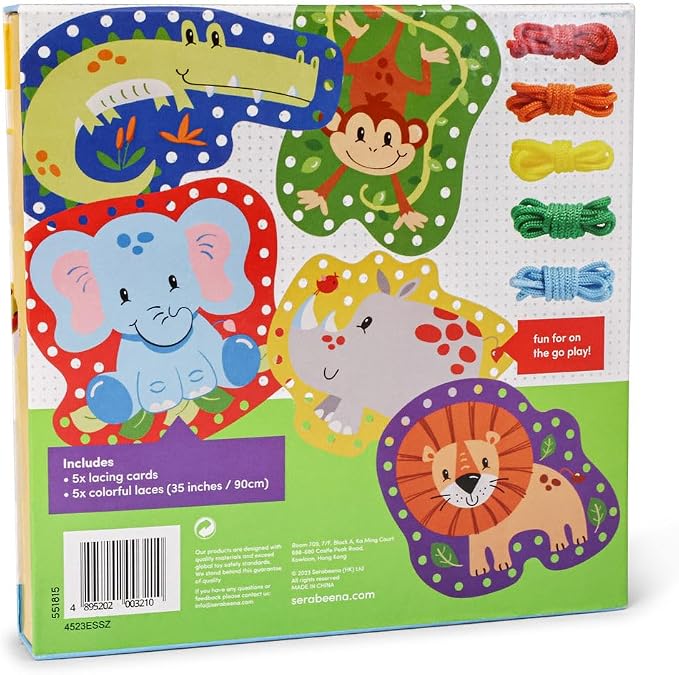 Serabeena Lacing Cards for Kids Ages 3-5 - Safari Animals | 5 Cards | Screen-Free Safari Lacing Cards Ages 3-5 - 5 Animals, 5 Laces & Storage Box - Hand-Eye Coordination Toy