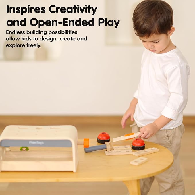 PlanToys® Wooden Little Tool Bench Montessori Construction Kids STEM Toy | hammer, wrench, screwdriver, kids tool set, girls, boys, fine motor problem solving imaginative role play gift preschool