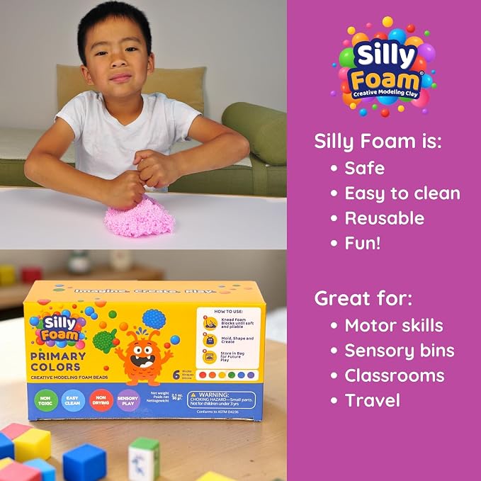 Silly Foam, Creative Modeling Foam Beads, 1-Pack of 6 Primary Colors, Easy Clean Up, Perfect for Preschool and Kids, Arts & Crafts, Sensory Play, STEM, Travel Toy, Holiday Gifts, Non-Toxic (Age 3+)