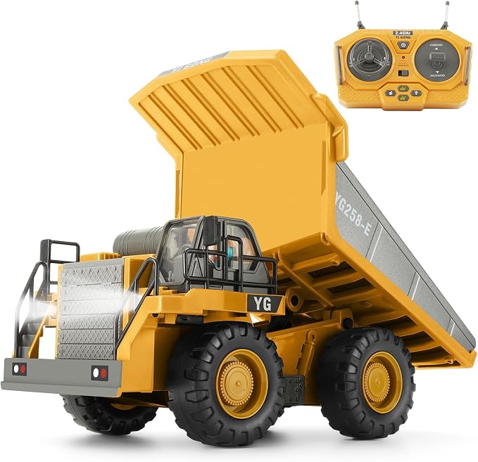 KIZJORYA Remote Control Dump Truck, RC Construction Vehicle for Kids with 9 Channel Metal Bed Light Sound & Rechargeable Battery, Electric Transport Garbage Truck Toy for Toddlers Boys Girls Age 6+
