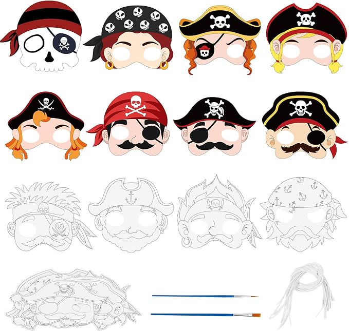 24 Pcs Pirate Crafts for Kids Classroom Color Your Own Pirate Masks | DIY Coloring Art and Craft for Kids Pirate Theme Birthday Party Summer School Craft Project Costume Cosplay Dress Up Activity