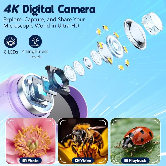 Odatay 2.4" 4K 1000X Digital Kids Microscope with 32G Card 12 Slides Purple | Long Distance Viewing, Portable Handheld Edu Gift Toys for Age 3-12, Exploring Bugs Plants at Home Classroom & Outdoor Travel