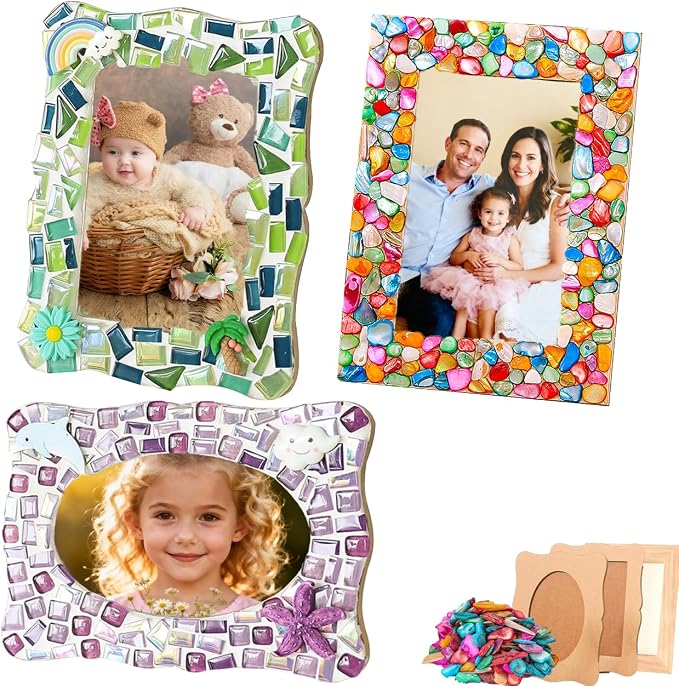 A&H Zier Mosaic Kit 3-Pack 5x7/4x6 DIY Photo Frames Craft for Kids 6+ | Mosaic kit for kids 8-12 3 wooden frames (fit 4x6/5x7) 200+ glass tiles non-toxic glue tools&instructions Fun family activity