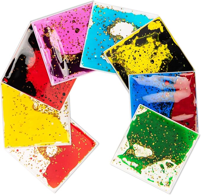 LONGKING 8-Pack 6"x 6" Liquid Tiles for Kids, Soft Gel Liquid Sensory Toys for Autistic Children, Sensory Mats, Sensory Toys for Toddlers 3-4 | Sensory floor tiles, soft liquid gel, 6"x6", color movement play mat, playroom classroom daycare, 8-pack