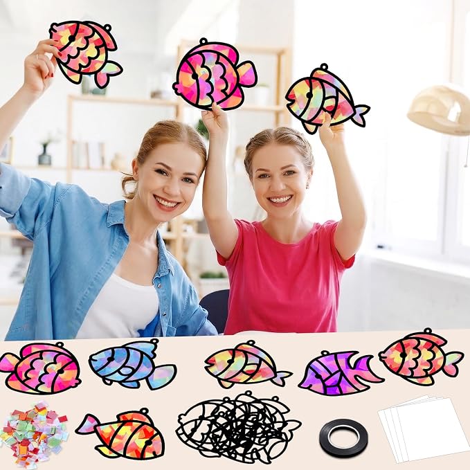Qyeahkj 36 Set Under The Sea Fish Suncatcher Crafts for DIY Tropical Fish Window Tissue Paper Crafts Kit Summer Suncatcher Hanging Decor for Summer Home Activity Art Project Birthday Party Favor Gift