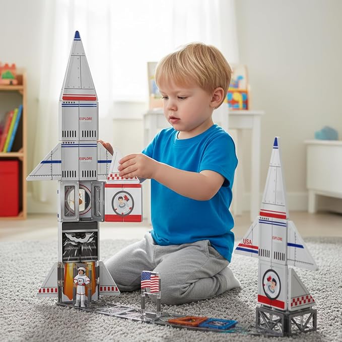 AFUNX Space Rocket Magnetic Tiles, Building Blocks STEM Toy for Kids 3+ | Rocket Themed Magnetic Blocks with Astronaut Designs,Smooth Edges, Compatible with Other Tiles, Gift for Kids
