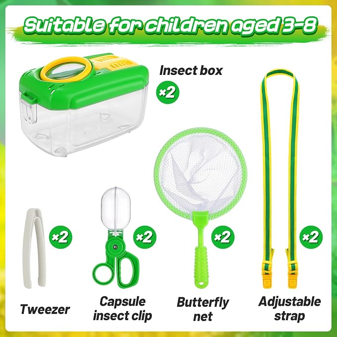 2 Sets Bug Catcher for Kids, Bug Catching Kit Gifts with Butterfly Net Toys | Built-in Magnifying Glass Bugs Box, Kids Camping Toys Bugs Collection Outdoor Explorer Kit for Age 3 4 5 6 7 8, Green
