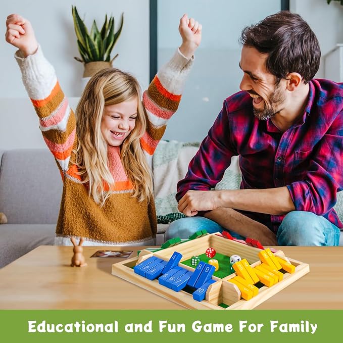 Shut The Box Dice Game for 2-4 Player Wooden Dice Game Math Games Close The Box Family Dice Board Games for Kids Adults, Tabletop Version Games for Classroom, Home, Easter Day, Party or Pub