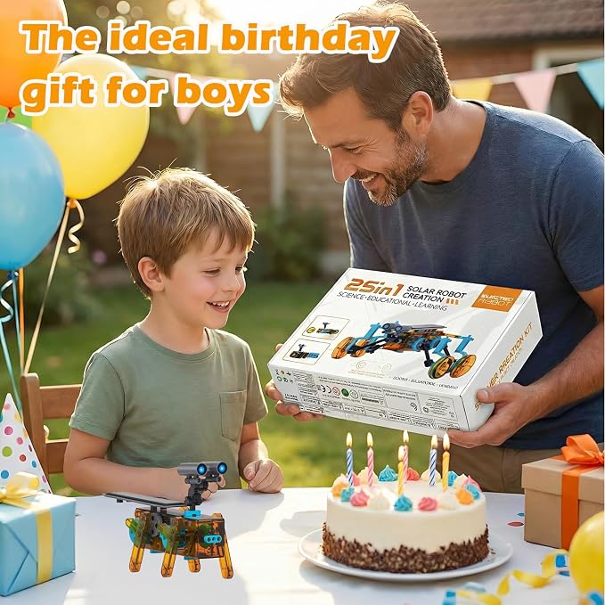 STEM 25-in-1 Solar Robot Kit Educational Building Toys for Kids Age 8-13 | Transparent Body Shows Gears Run, Solar or Battery Powered, DIY Robotics Science Kit Birthday Gift for Age 8+