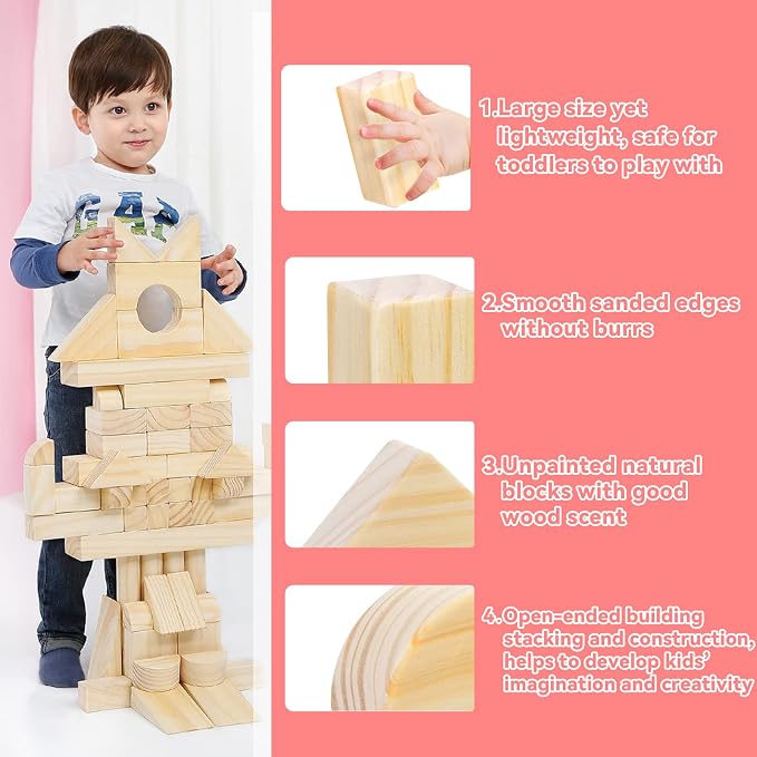 Large Wooden Blocks for Toddlers 1-3, 64Pcs Big Wood Building Blocks Set | Wooden Storage Box, Large Toddler Blocks Building and Stacking Toys Construction Set, Natural Child Safe Solid Wood Blocks