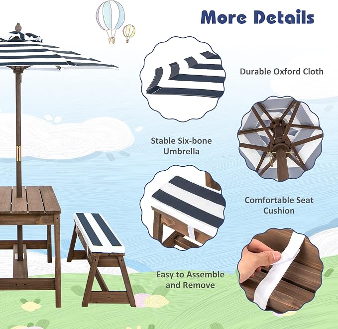 Costzon Kids Picnic Table, Toddler Wood Table & Chair Set w/Cushions, Height Adjustable Umbrella, Children Activity Table Outdoor Furniture Set for Patio, Garden, Backyard, Gift for Ages 3-8 (Blue)