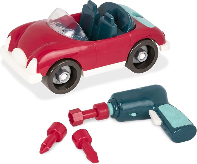 Battat Roadster Toy Drill Sports Car Building Set, Red, Roadster Car, Take | 22-piece toy vehicle with 18 roadster parts, battery-powered drill, and 3 bits for building play, Roadster Car, 3+ Years