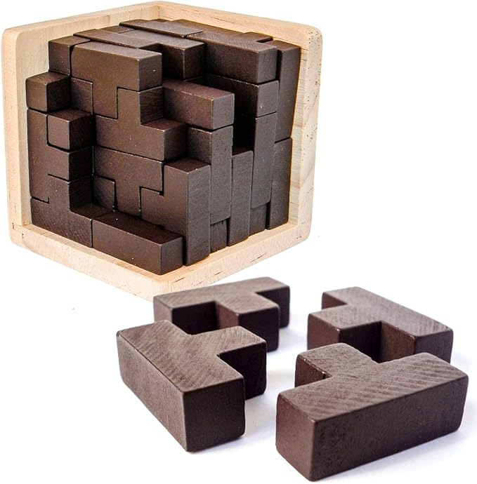 AHYUAN Wooden Brain Teaser Puzzles Cube Stocking Stuffers Wooden Puzzles T-Shaped Jigsaw Logic Puzzle Educational Games Toy for Kids and Adults (Coffee)