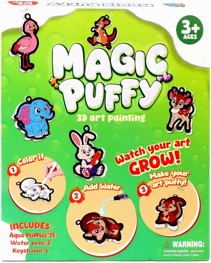 Magic Puffs 3D Art Craft, Jungle & Forest Animals Crafts for Kids, DIY Foam Texture Painting & Inflate Activity – Easy, Fun, Mess-Free, Christmas Birthday Gift for Girls & Boys Age 4 5 6 7 8 9 10