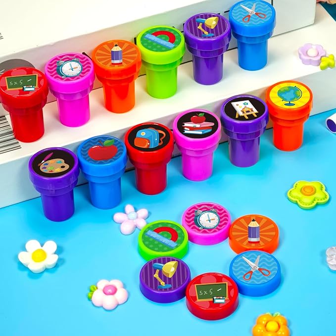 Cinrobiye 24 Pcs Back to School Stampers Party Favor Set, Cute School Supplies Stamps for Kids Classroom Rewards, First Day of School Gifts, Carnival Prizes, Goody Bag Fillers, School Party Supplies