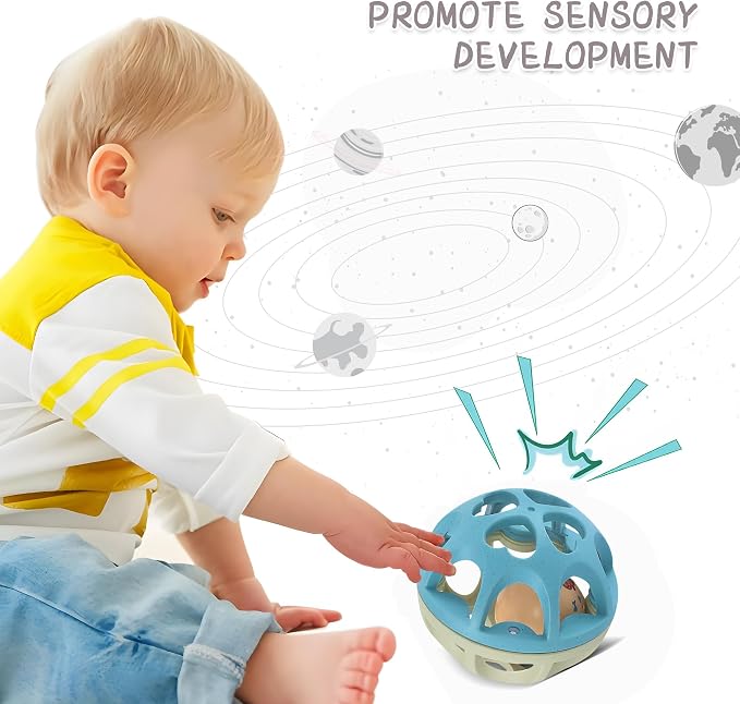 Baby Rattle, Soft Teething Montessori Sensory Toy for 3-6M | BPA-Free Wheat Straw, Open-Hole Grip, Rattle Sound, Teething Play, Fine Motor Skills, 3-6 Month Christmas Gifts