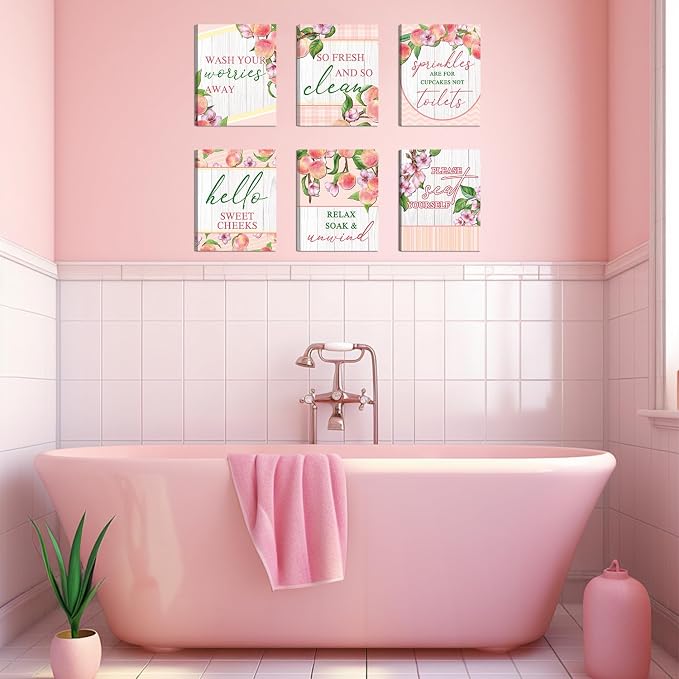HOURIA 6pcs Framed Watercolor Peaches Bathroom Canvas Wall Art,8 * 10”Lovely Pink Peach Blossom Pictures Wall Decor,Sweet Cheeks Please Seat Yourself Funny Posters for Bathroom
