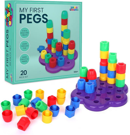 My First Pegs Playset, Large Colored and Fun Shape Stacker Plastic Pegs, Baby and Toddler Peg Board Toys, Play and Learn STEM Toy, Fine Motor Skills, Ages 18m+