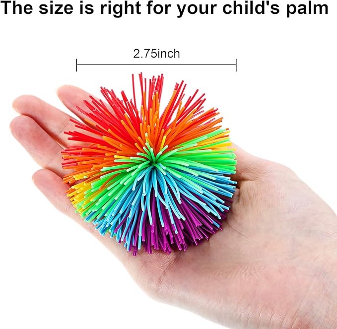 Leinuosen 12 Pieces Stringy Balls Sensory Stringy Ball Soft Rainbow Pom Bouncy Stress Bags Basket Stuffers Fillers Birthday Party Favors, Fidget Party School Classroom Gifts, Multicolor (2.75 Inch)