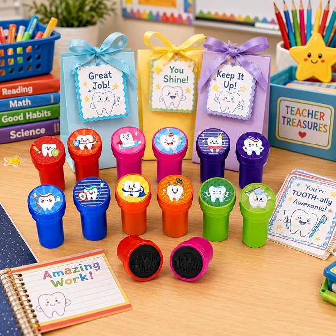 Cinrobiye 24 Pcs Teeth Stampers Party Favor Set, Cute Dental Health Stamps for Kids Birthday Party, Classroom Rewards, Educational Learning Toys, Goody Bag Fillers, Dental Care Party Supplies