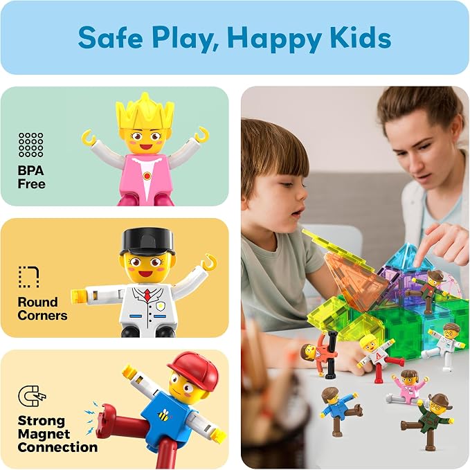 PicassoTiles Magnetic Character Figures Set, Toddler Style STEM People Toy | 16 pcs, creative pretend roleplay, open ended construction, interactive building block accessories, safe non toxic, ages 3+