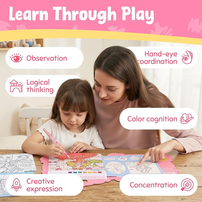 JoyCat Find & Color Paint with Water Coloring Books for Toddlers | Seek and Find Learning Activity, No Mess Princess Arts & Crafts Kids Toys Ages 3-5 & 4-8, Birthday Gifts for Boys & Girls