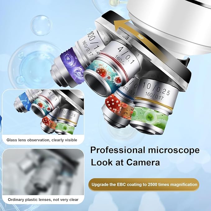 Microscope for Adults WF10x and WF25x eyepieces, 40X-2000X Magnification USB Camera, Microscope for Adults Suitable for Laboratory School (Binocular Microscope Without Gift Bag)