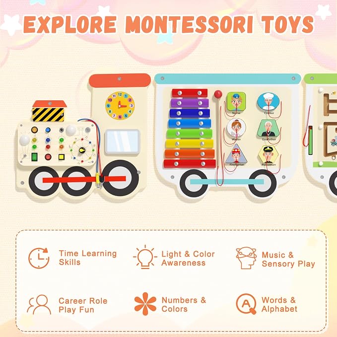 Montessori Sensory Board - Electric Train Wooden Wall Busy Board, Toddler Learning Panel Wall-Mounted, Interactive Playroom Activity Gifts for Kid, Educational Toys for 3-6 Years (Colorful Train)