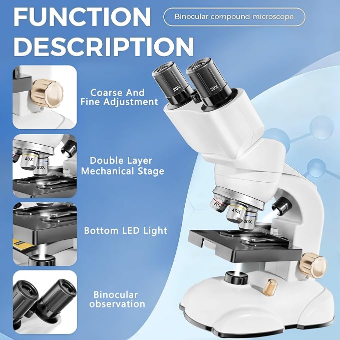 Microscope for Kids, Double Tube Double Mirror Microscope Kit LED 400X-1600X Magnification Kids Science Toys, Microscope Slides with Specimens for Kids,Students Microscope STEM Kit