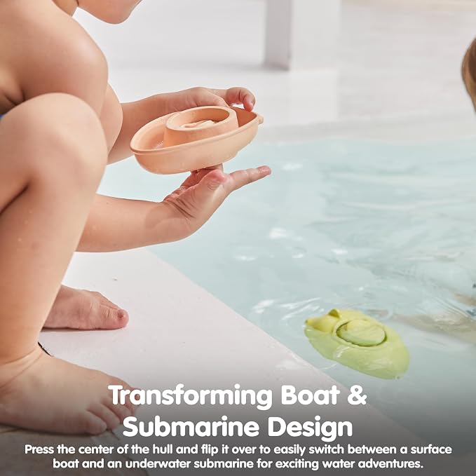 PlanToys® Pastel Green Rubber Convertible Boat Water & Sensory Play Toy | pastel green rubber convertible boat, montessori water bath play, cause effect imagination exploration, floating toy, toddler