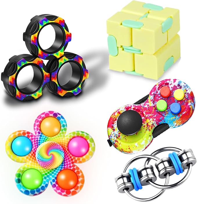 5PC Fidget Toys Adults Set Fidgets for Classroom Must Have Autism Sensory Pack Figette Cube ADHD Special Treasure Prize Tool Stress Relief Desk Cool Gadget for Kid Easter Basket Stuffers for Teen Boys