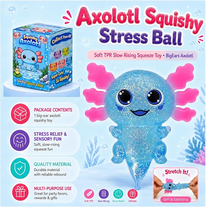 Axolotl Squishy Stress Ball, Soft TPR Slow Rising Squeeze Toy, Cute Axolotl Fidget Toy for Stress Relief, Anxiety Calming Sensory Toy for Kids Adults(Blue BigEars Axolotl)