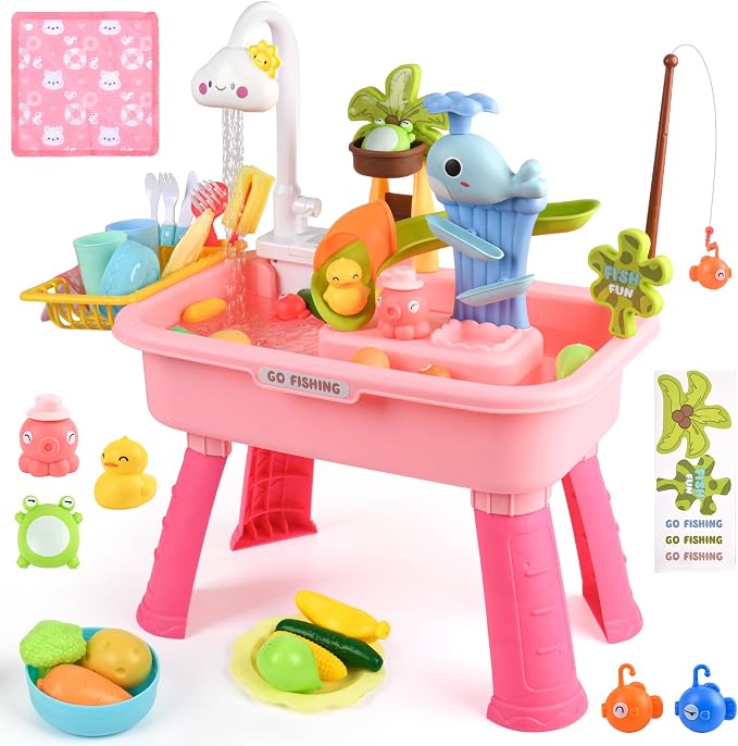 Upgraded 4-in-1 Sand Water Table for Toddlers 1-3, Kids Sensory Table with Electric Water Pump & Cloud Faucet, Play Kitchen Sink with Food Accessories, Fishing Toy ‒ Adjustable Height (Pink)
