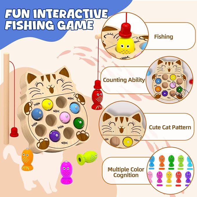 Wooden Magnetic Fishing Game for Toddlers 2-4, Montessori Sensory Busy Board Educational Learning Fine Motor Skills Toys for 2 3 4 Years Old Boys Girls