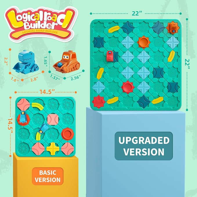 burgkidz STEM Road Build Puzzle: Teal Board, 200+ Chal. w/ 2 Cars | Teal creative board: 14 tracks, 2 start/end, 2 windup cars. 200+ puzzles, 4 levels, 3 modes. Dots fit bricks. Storage bag