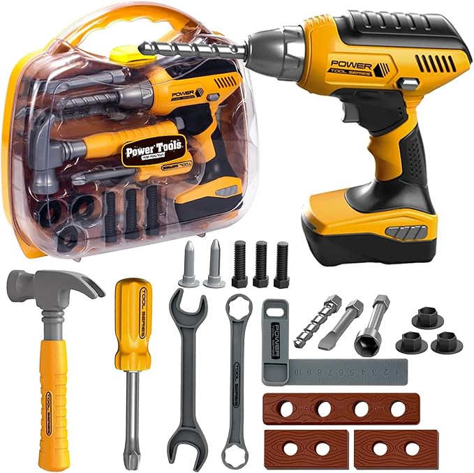 Playhiland Kids Tool Set for 3 4 5 6 7 8 Year Old Boys & Girls | Pretend Play Kids Construction Kits with Electronic Toy Drill & Tool Box, Toy Tools Christmas Birthday Gift