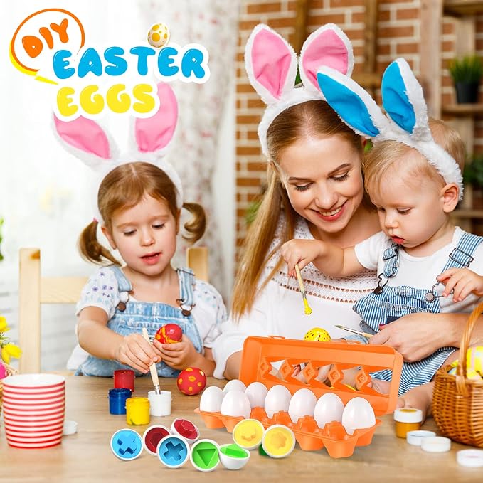 Matching Egg Toy 12 Pcs Develops Toddlers' Color & Shape Recognition Skills | Easter Basket Gift for Boys & Girls, Montessori Travel Toy for Kids 1-3, Fun Sorting Puzzle for Daily Early Education