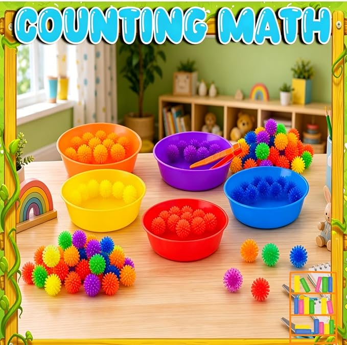 Bbiamsleep 136 Pcs Sensory Bin Filler Fine Motor Skills Sensory Bin Items | Light Box Manipulatives Include Colorful Hedge Balls Tweezers Scissors Clips Sorting Bowls for Counting Sorting Training