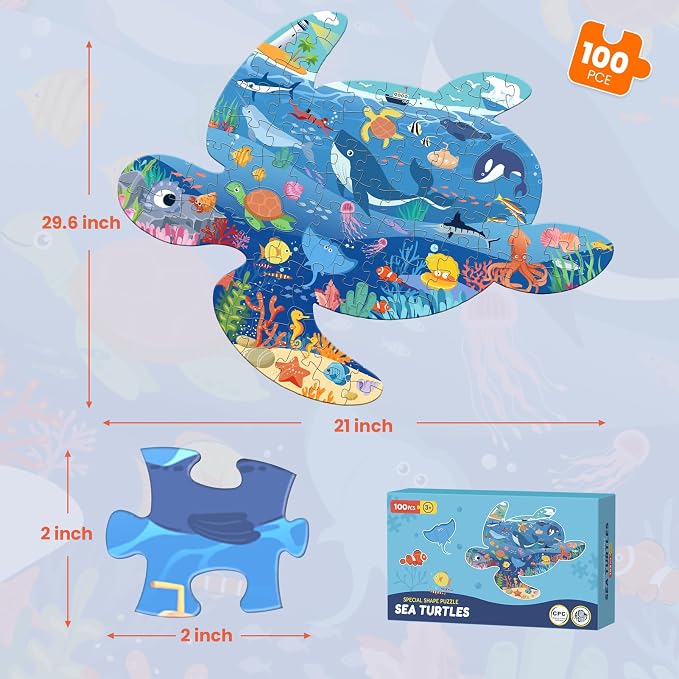 100 Piece Puzzles for Kids Ages 4-6 6-8, Sea Turtle Puzzles for Boys Girls | Jigsaw Puzzle for Kids, Ocean Animal Shaped Floor Puzzles Preschool Educational Learning, 21"×30" Jumbo Puzzle Toys For Child