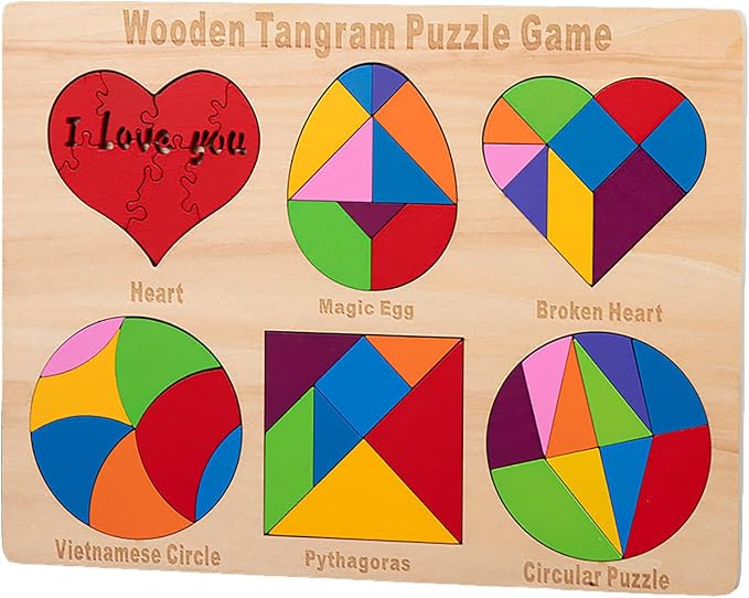 Wooden Blocks Puzzle Brain Teasers Toy 6 IN1Geometric Wooden Tangram Puzzle Game Geometry Jigsaw Logic IQ Games Fidget Toys STEM Montessori Educational Gift for Kids Adults