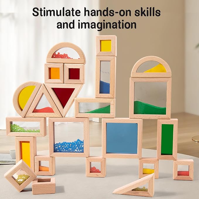 Dinhon 23PCS Sensory Blocks for Toddlers 1-3 & Kids 4-8 - Large Montessori Wooden Building Blocks with Rainbow Colors, Stacking Toys for Boys Girls, Sensory Play & Preschool Learning, Toddler Gift