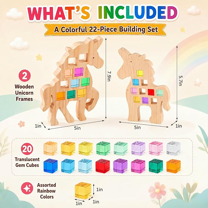 Soulchen Kids Wooden Building Block Set, 20 Rainbow Gem Cube Stacking Blocks - 2 Unicorn Skeletons, Montessori Toddler Stacking Toy, Learning Educational Toy Sensory Gift for Boys Girls