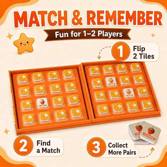 Travofun Magnetic Memory Matching Game | Travel Toys for Toddlers 3-5 | Book-style travel memory game with magnetic matching pieces builds focus and recall on car rides, flights, and quiet play.