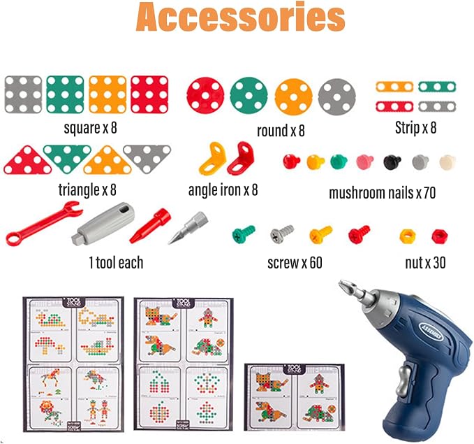 Magic Montessori Play Toolbox with Drill, 203Pcs Magic Montessori Play Toolbox Bear-Themed, 2D/3D Creativity Tool Box Montessori Toys Gift for Age 3-12 Years Old Boys Kids, Girls