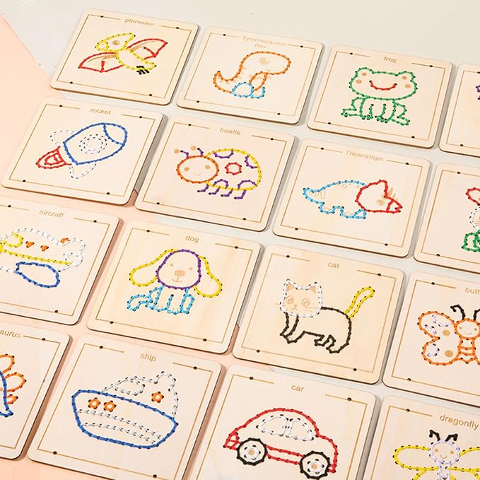 Wooden Lacing Sewing Cards Kit, Fine Motor Montessori Handcraft Educational Toy for Kids,Insects