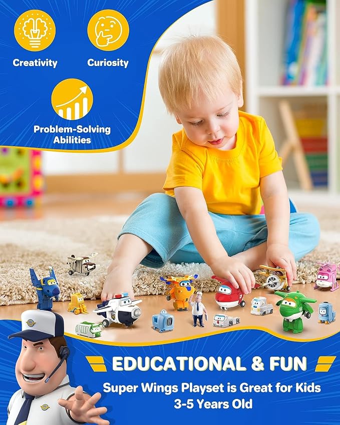 Super Wings Toys, Transformable Toys 2 Inch, Airplane Toy for Kids 3-5 Years Old, 15 Packs Transforming Jet Playset, Real Mobile Wheels, Birthday Party Supplies for Preschool Boys and Girls