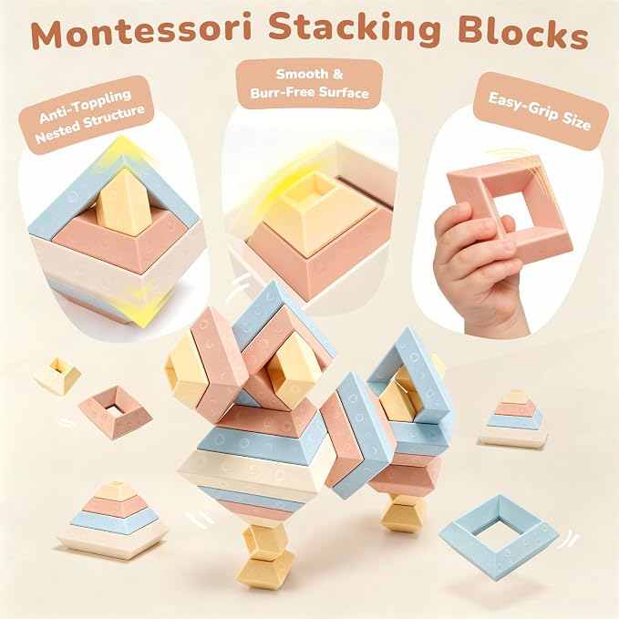 Joyreal Montessori Stacking Blocks for Toddlers 1-3，30PCS Nesting & Building Toys with Storage Bag,Educational Fine Motor Learning Toy, Preschool STEM Stacking Blocks for Boys Girls 12M+