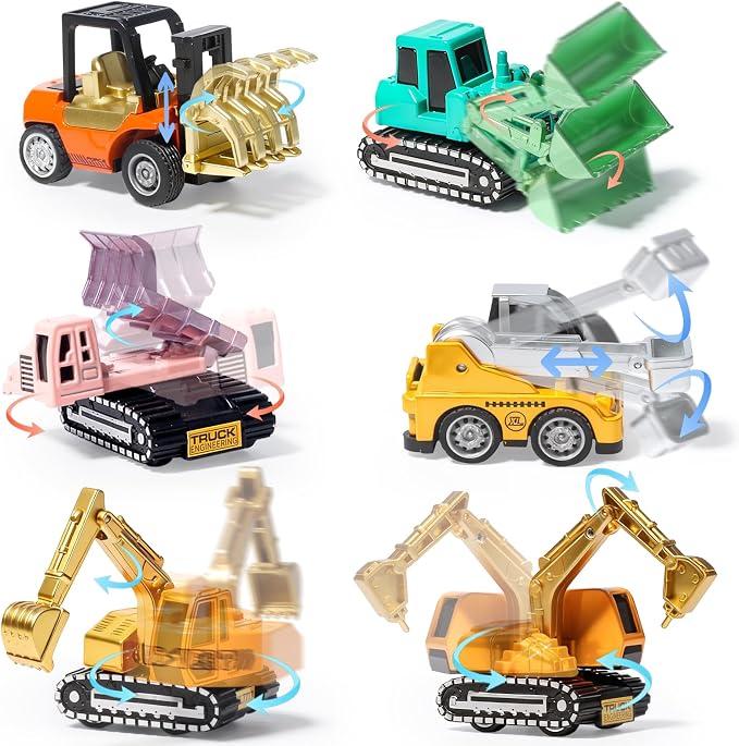 Oriate Diecast Construction Trucks for Kids,6PCS Toys Construction Vehicles | Excavator Forklift Dump Truck,Pull Back Cars,Mini Metal Travel Construction Toys for Boys Girls ,Christmas Birthday Kid Gift