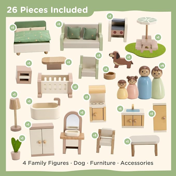 Nene Toys Wooden Dollhouse, 3-Story Doll House for Kids Ages 3+ | 28-piece wooden dollhouse with furniture, family figures, dog, 3 levels, pastel rooms and pretend play for toddlers and kids